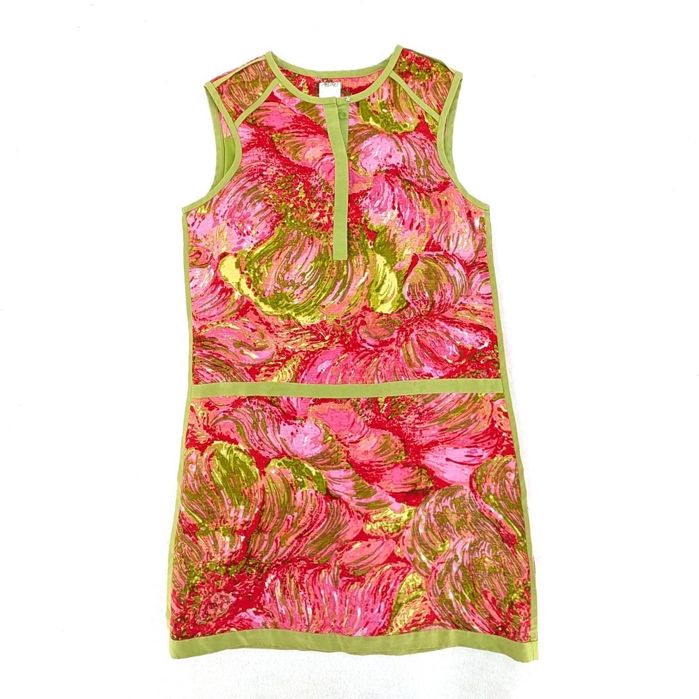 Ali Ro Anthropologie Linen Silk Floral Shift Dress Pink Green Sleeveless‎ Size 2